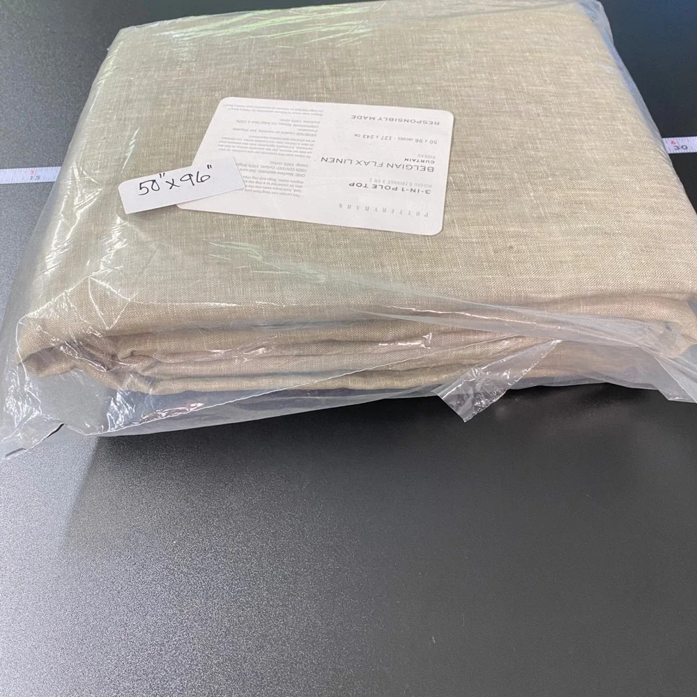 Pottery Barn Belgian Flax Linen Curtain Panel  50x96 Green Beige 3-in-1 Pole Top